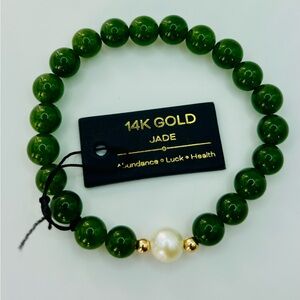 14K Gold Jade Bracelet with Pearl Accent